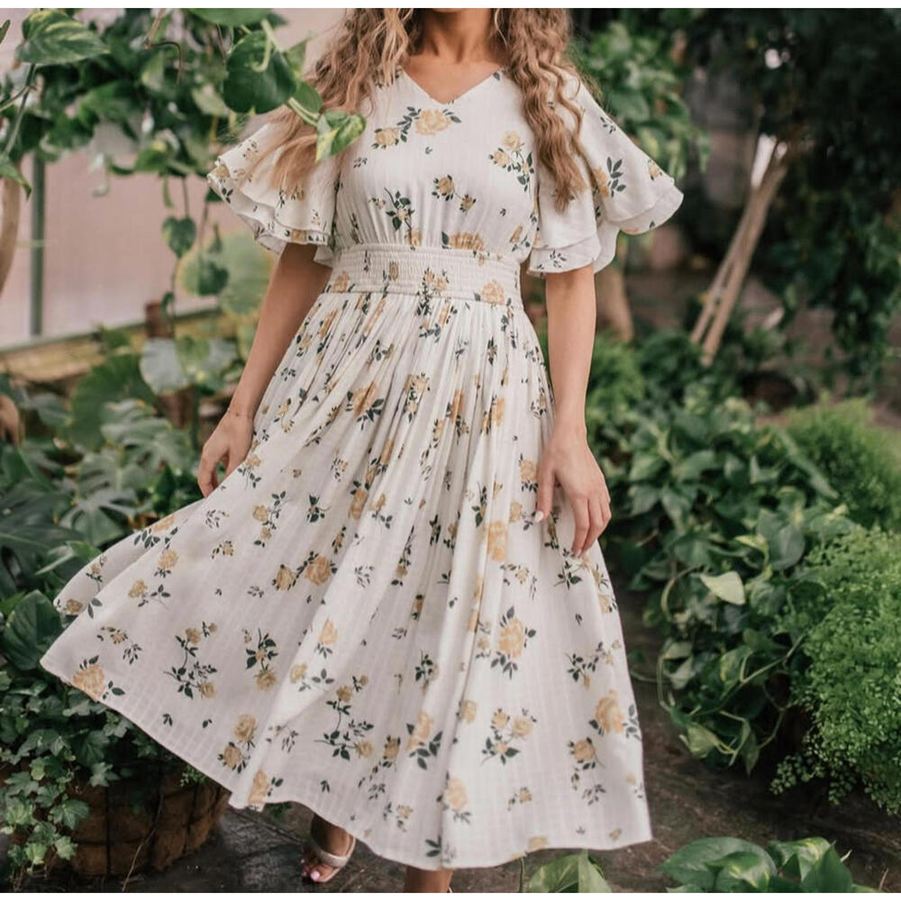 JESSAKAE Allora Garden Dweller cotton white yellow floral dress sz S